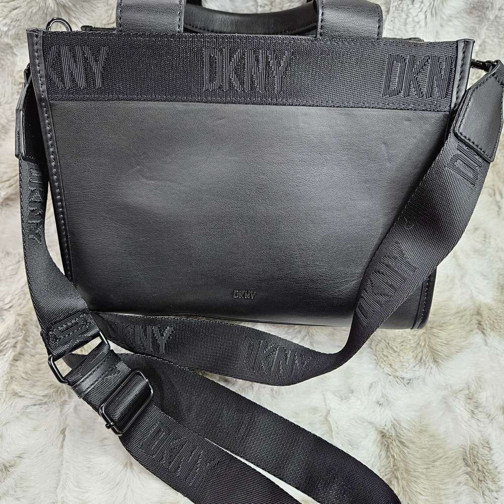 DKNY Black Leather Satchel with Branded Webbing Strap